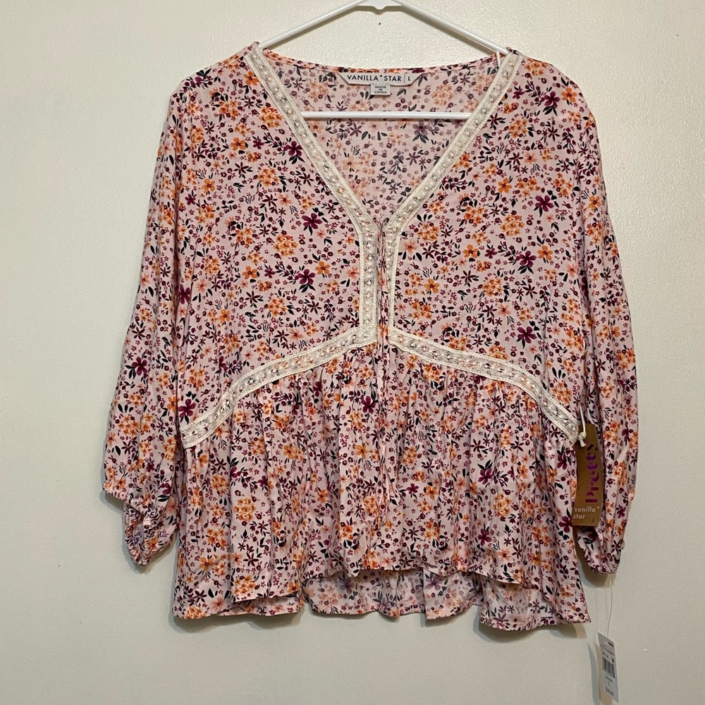 NWT Vanilla Star pink floral vneck high low blouse - Picture 7 of 7